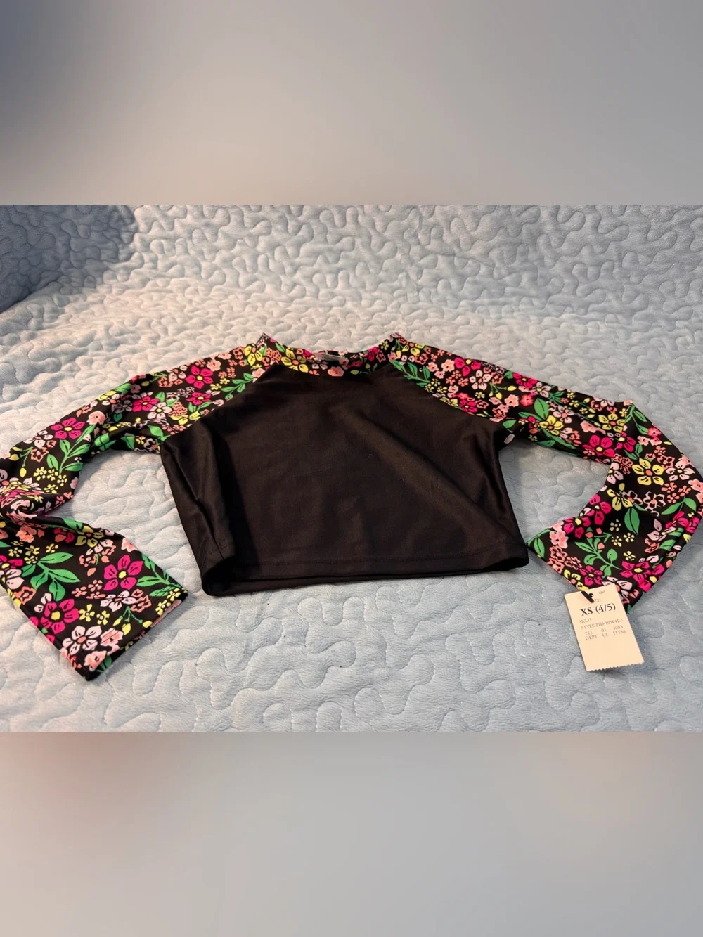 art class Black Crop Rash Guard with Pink & Green Floral Sleeves